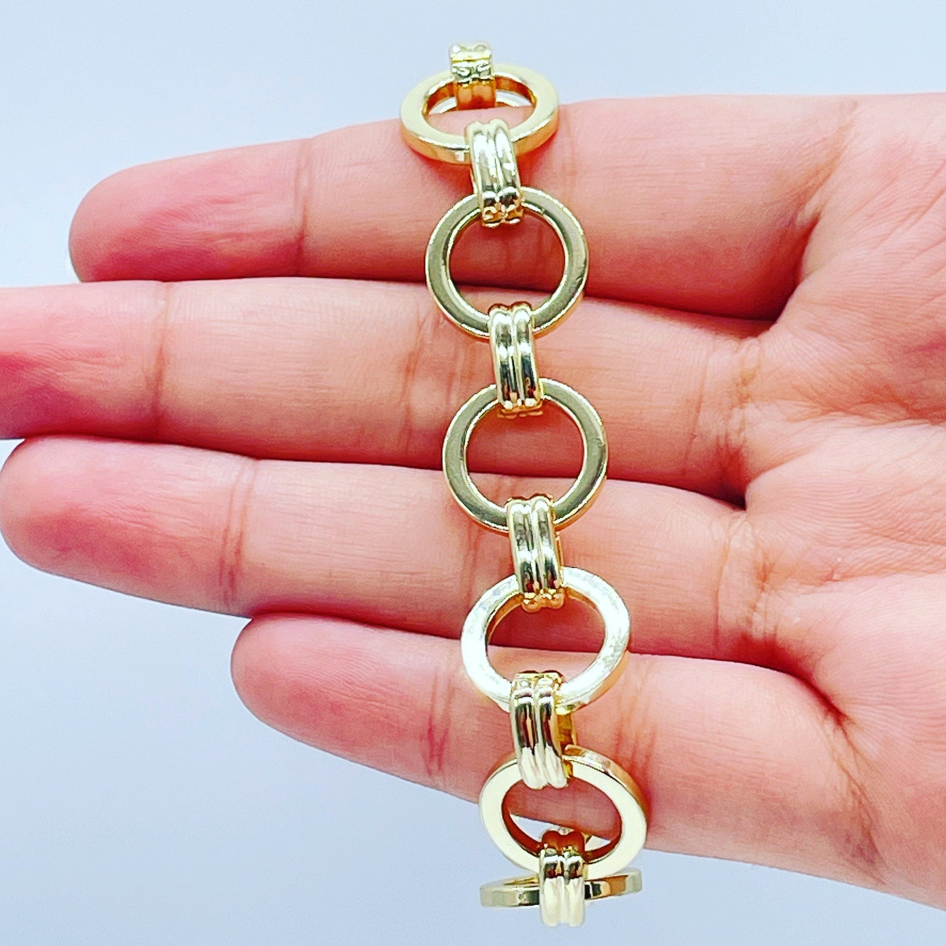 Chunky 18K Gold Filled 15mm Designed Plain Circle Link Bracelet Hypoallergenic