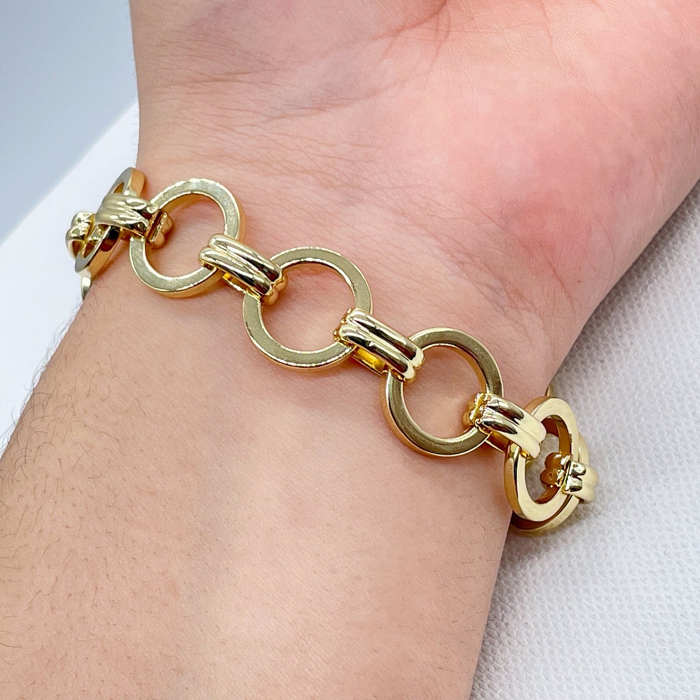 Chunky 18K Gold Filled 15mm Designed Plain Circle Link Bracelet Hypoallergenic