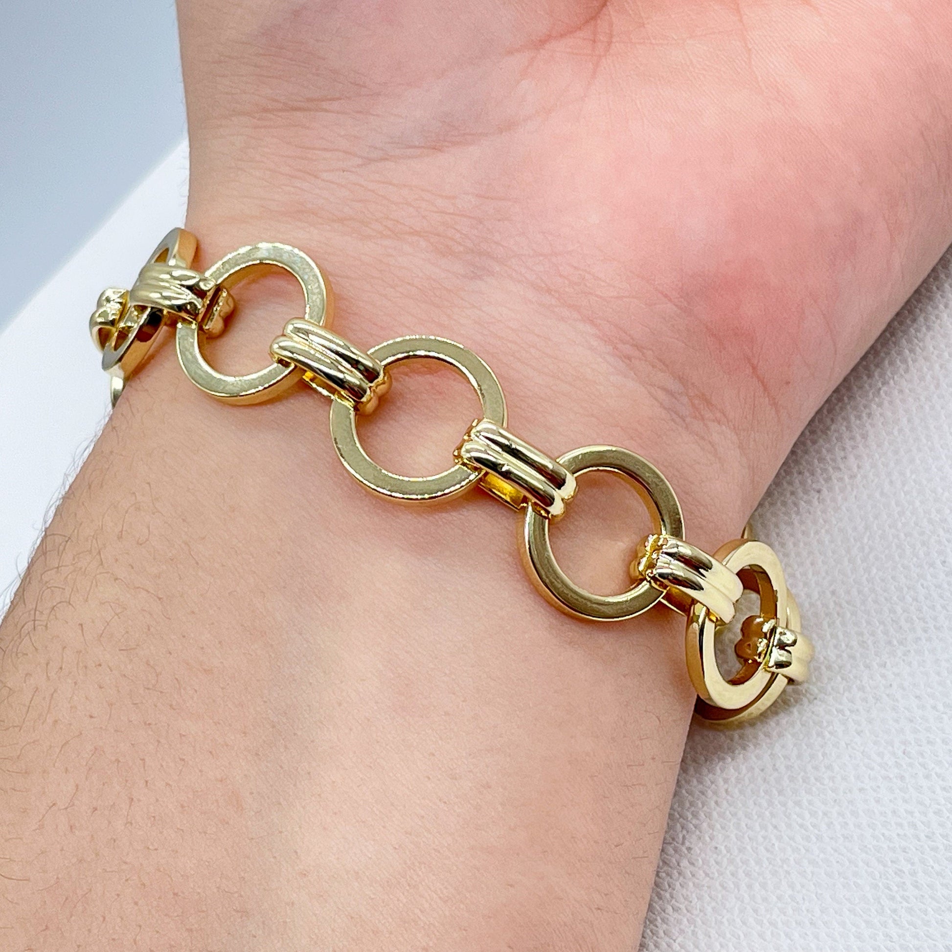 Chunky 18K Gold Filled 15mm Designed Plain Circle Link Bracelet Hypoallergenic Jewelry