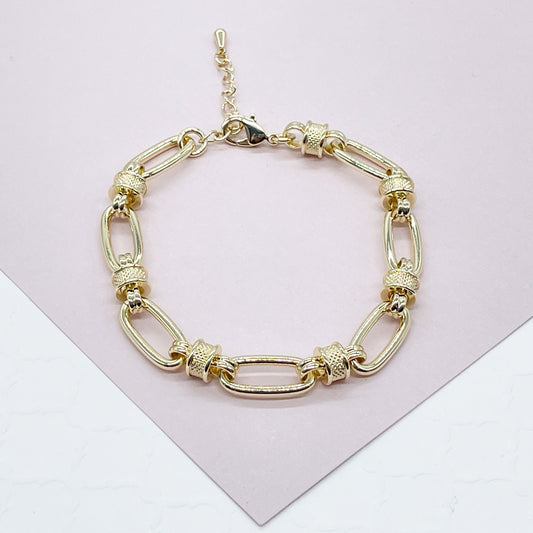 Chunky 18K Gold Filled Link Bracelet Featuring Plain Fancy Rondelle Donuts Connector