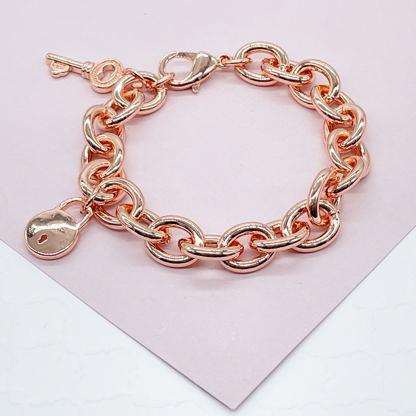 Chunky 18k Gold Filled Lock Heart And Key Bracelet Available in Gold, Rose Gold and Silver Featuring Thick Link Chain