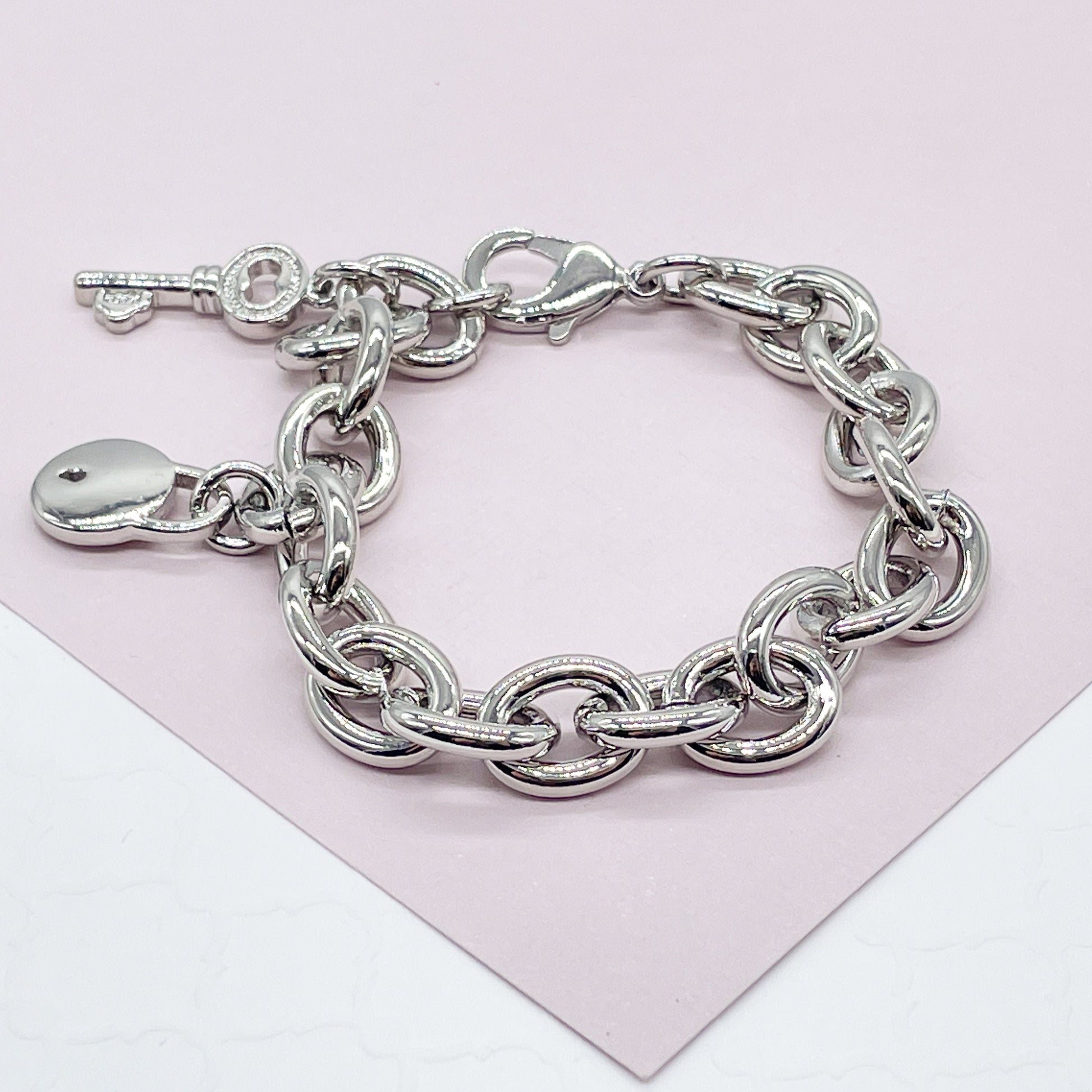 Chunky 18k Gold Filled Lock Heart And Key Bracelet Available in Gold, Rose Gold and Silver Featuring Thick Link Chain