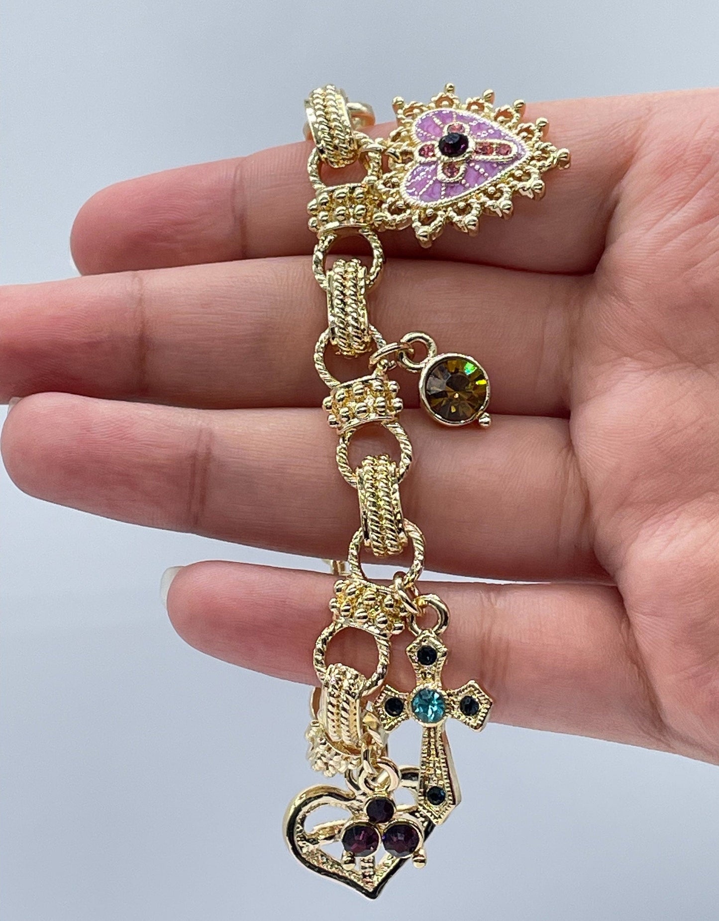 18k Gold Filled Charm Bracelet: Enamel, Cross, Heart, Crystals