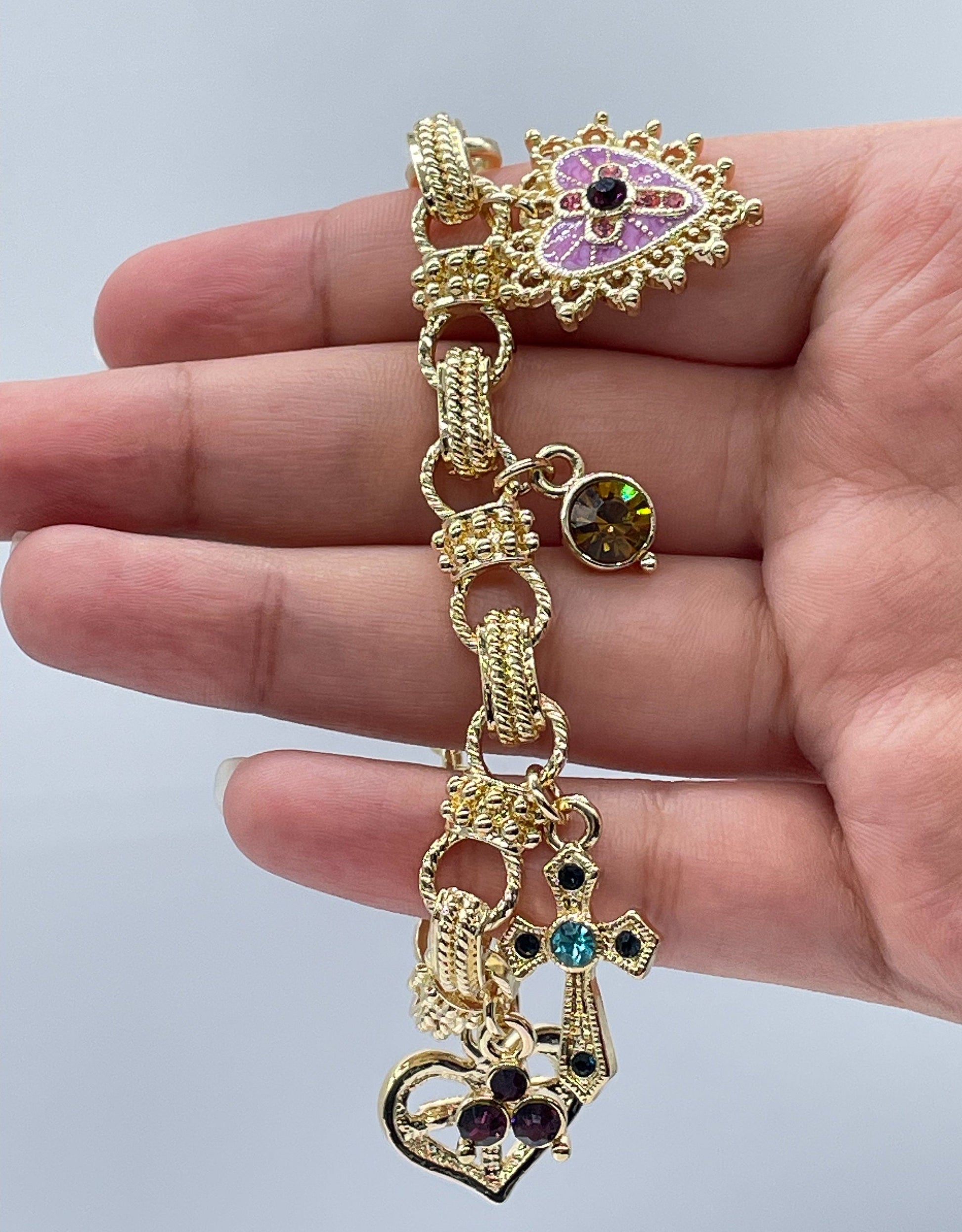 18k Gold Filled Charm Bracelet: Enamel, Cross, Heart, Crystals