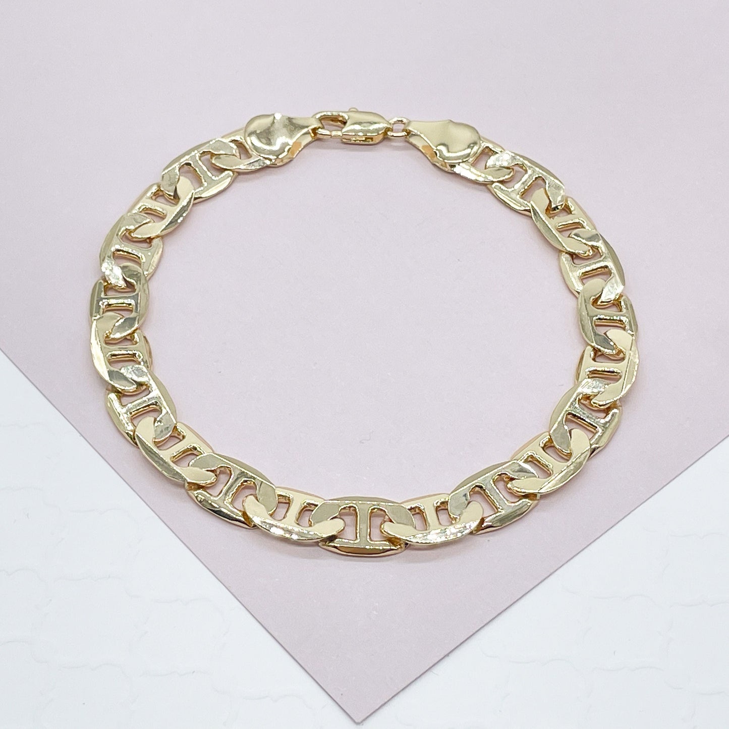 18k Gold Filled Mariner Flat Style link Bracelet In 9mm Width