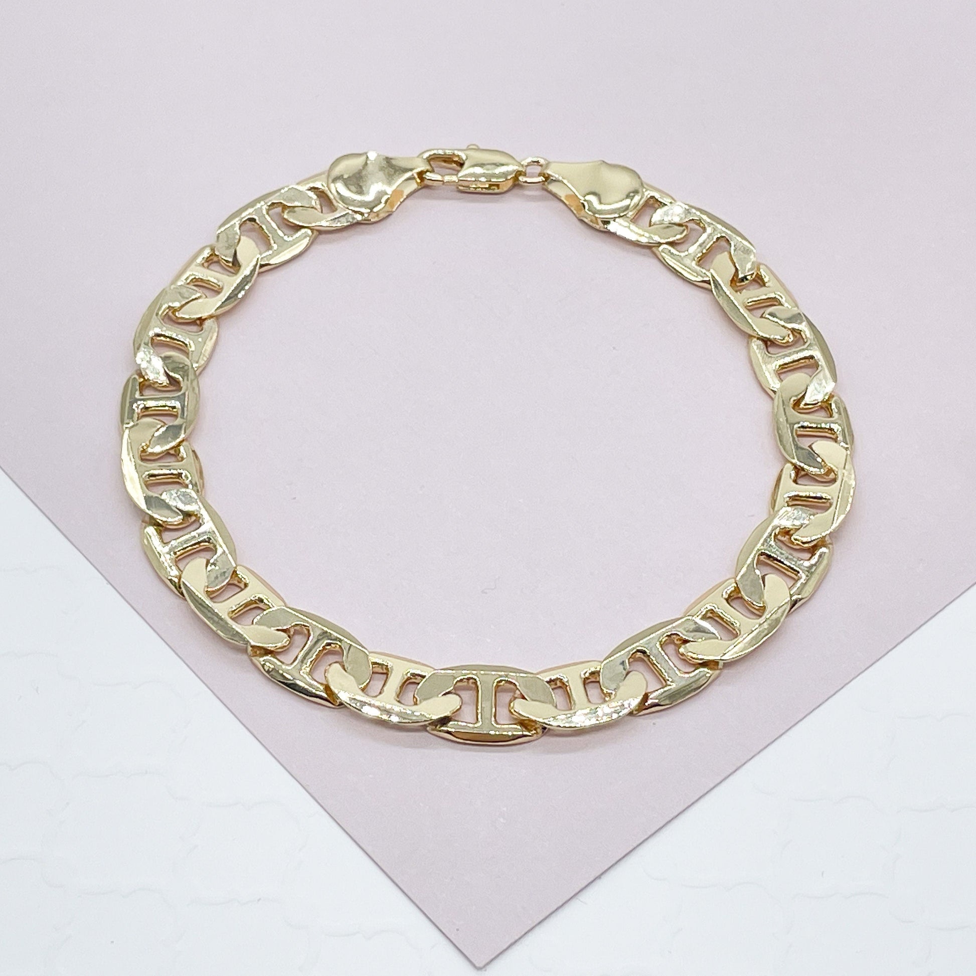18k Gold Filled Mariner Flat Style link Bracelet In 9mm Width