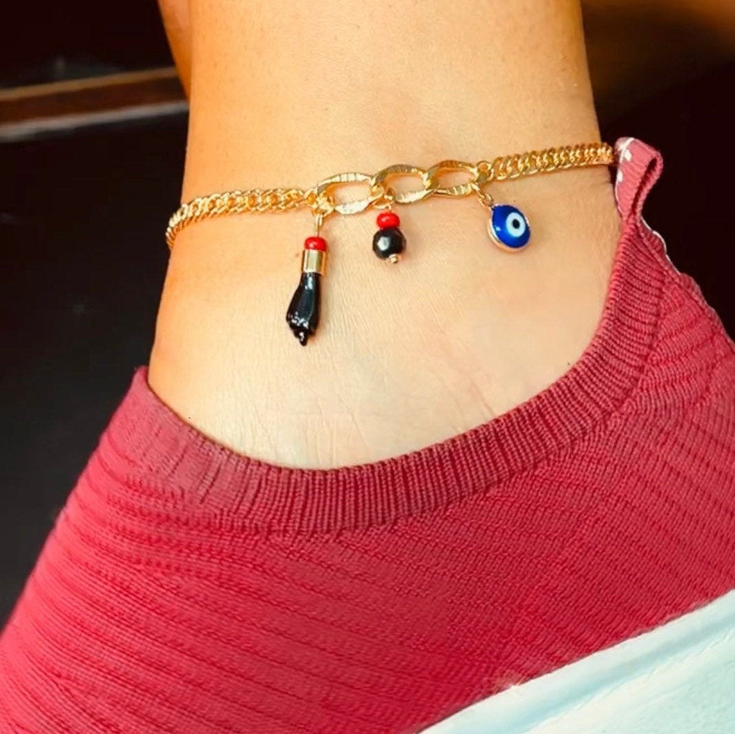 18k Gold Filled Cuban Link Anklet: Evil Eye & Figa Charms