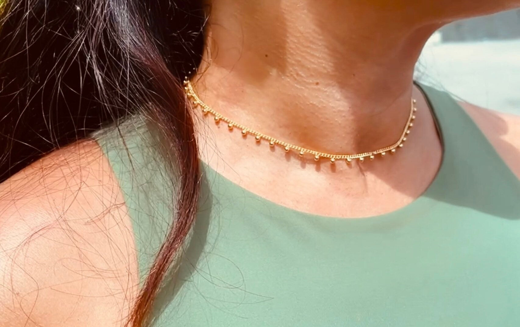 18k Gold Filled Little Dots Choker Hanged in Curb Chain