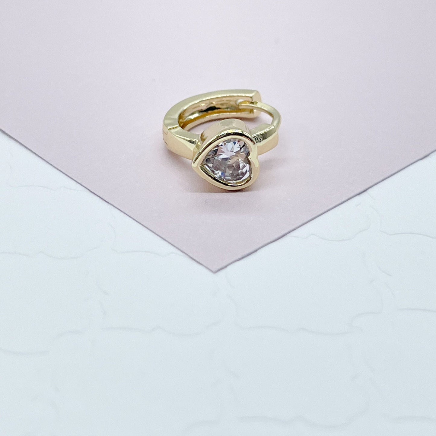 18k Gold Filled Heart Stone Huggie Small Hoop Earrings Hypoallergenic Jewelry Available in Ruby, Crystal, Pink And Lilac Colors