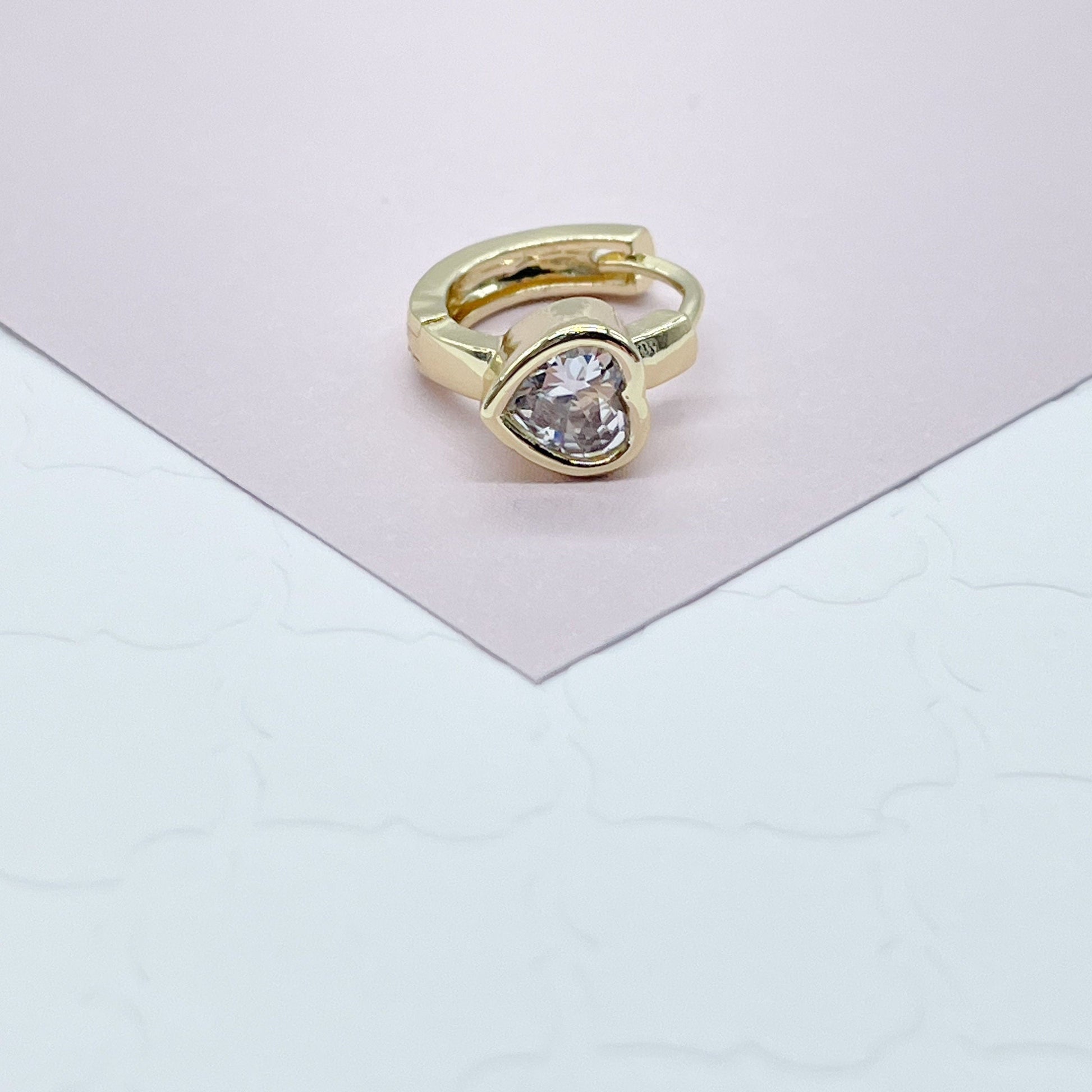 18k Gold Filled Heart Stone Huggie Small Hoop Earrings Hypoallergenic Jewelry Available in Ruby, Crystal, Pink And Lilac Colors