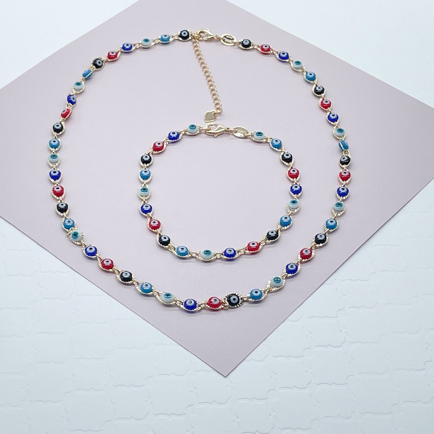 18k Gold Filled Multi Color Evil Eye Bracelet Necklace Set