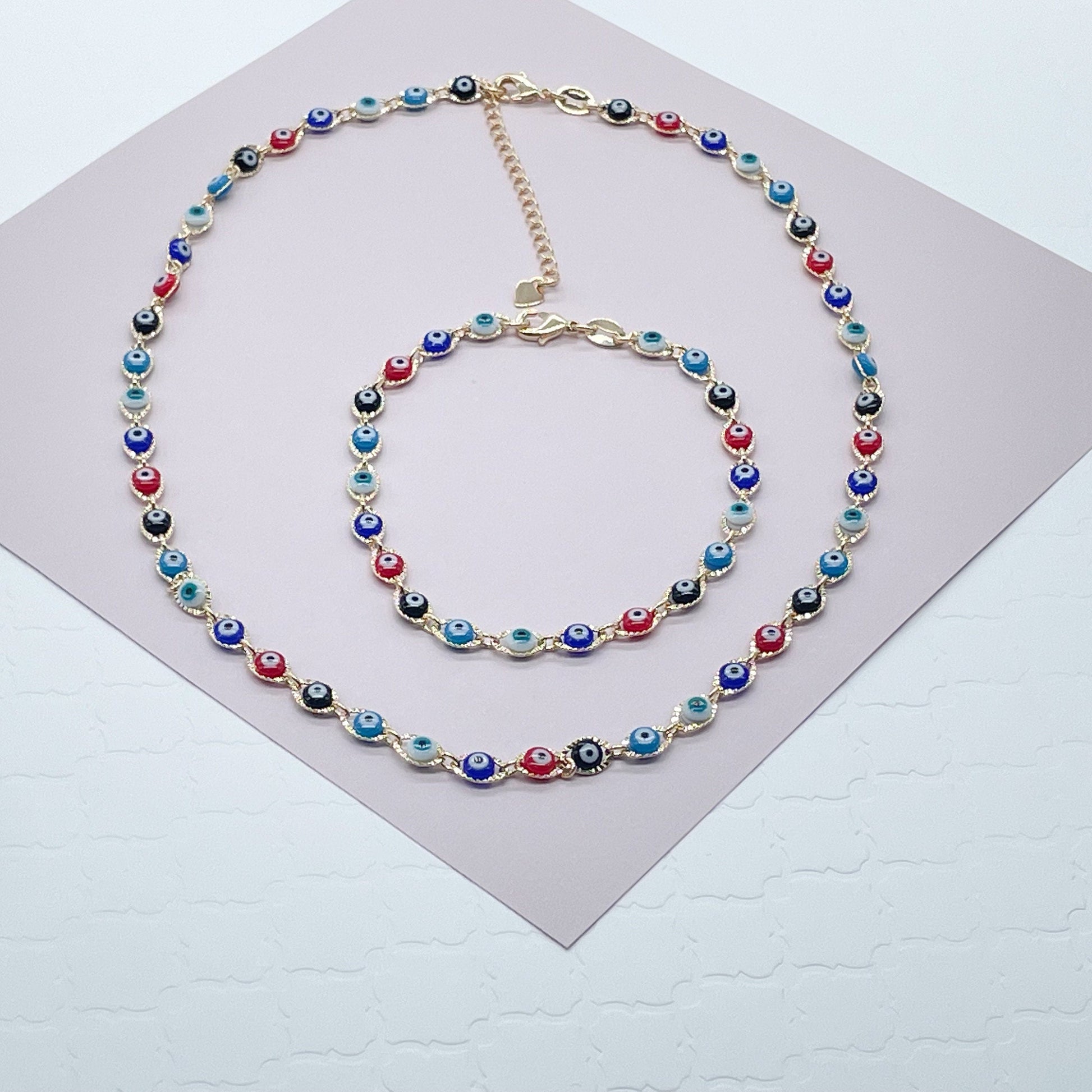 18k Gold Filled Multi Color Evil Eye Bracelet Necklace Set
