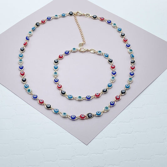 18k Gold Filled Multi Color Evil Eye Bracelet Necklace Set