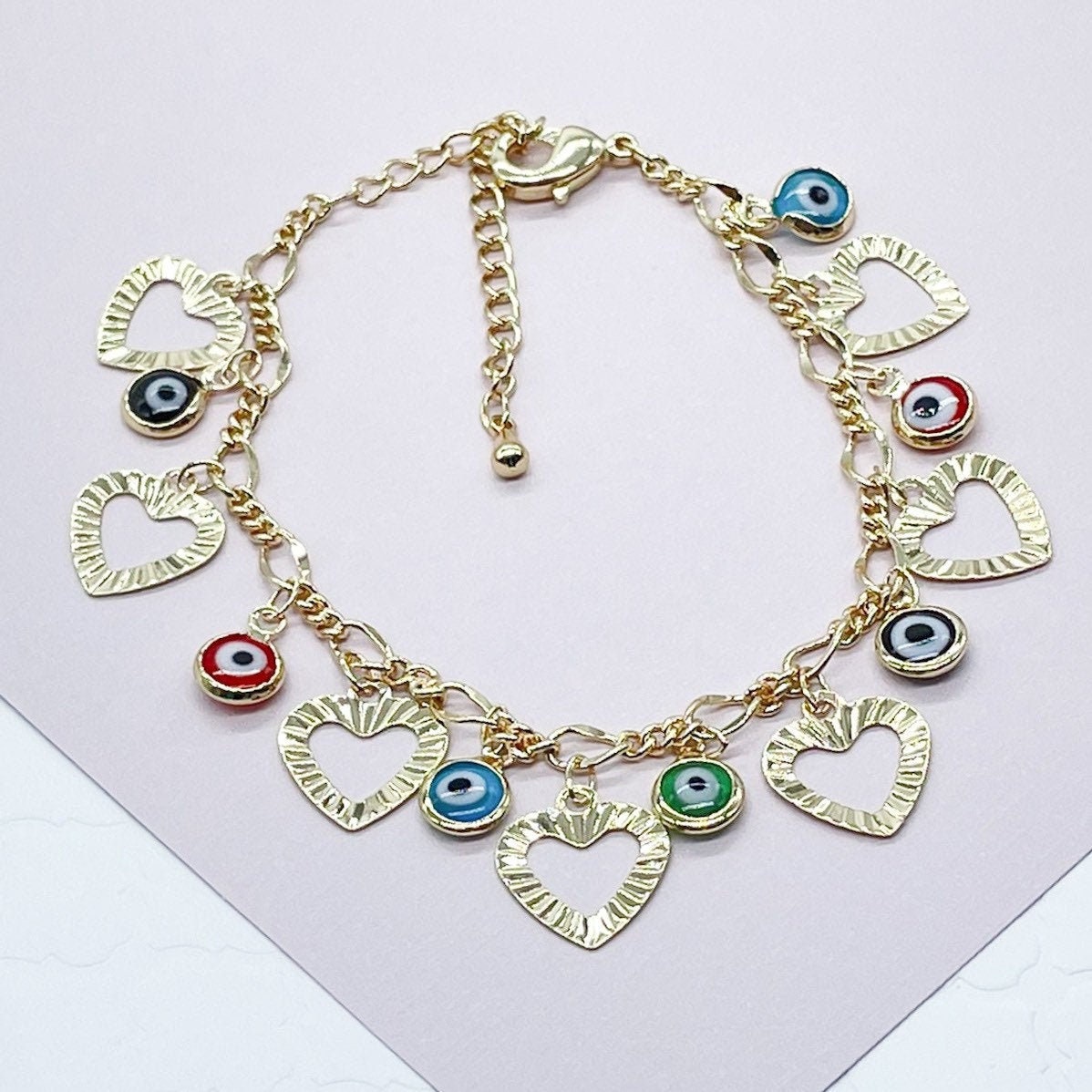 18k Gold Filled Charm Bracelet Featuring Seven Hearts and Seven Colorful Evil Eyes