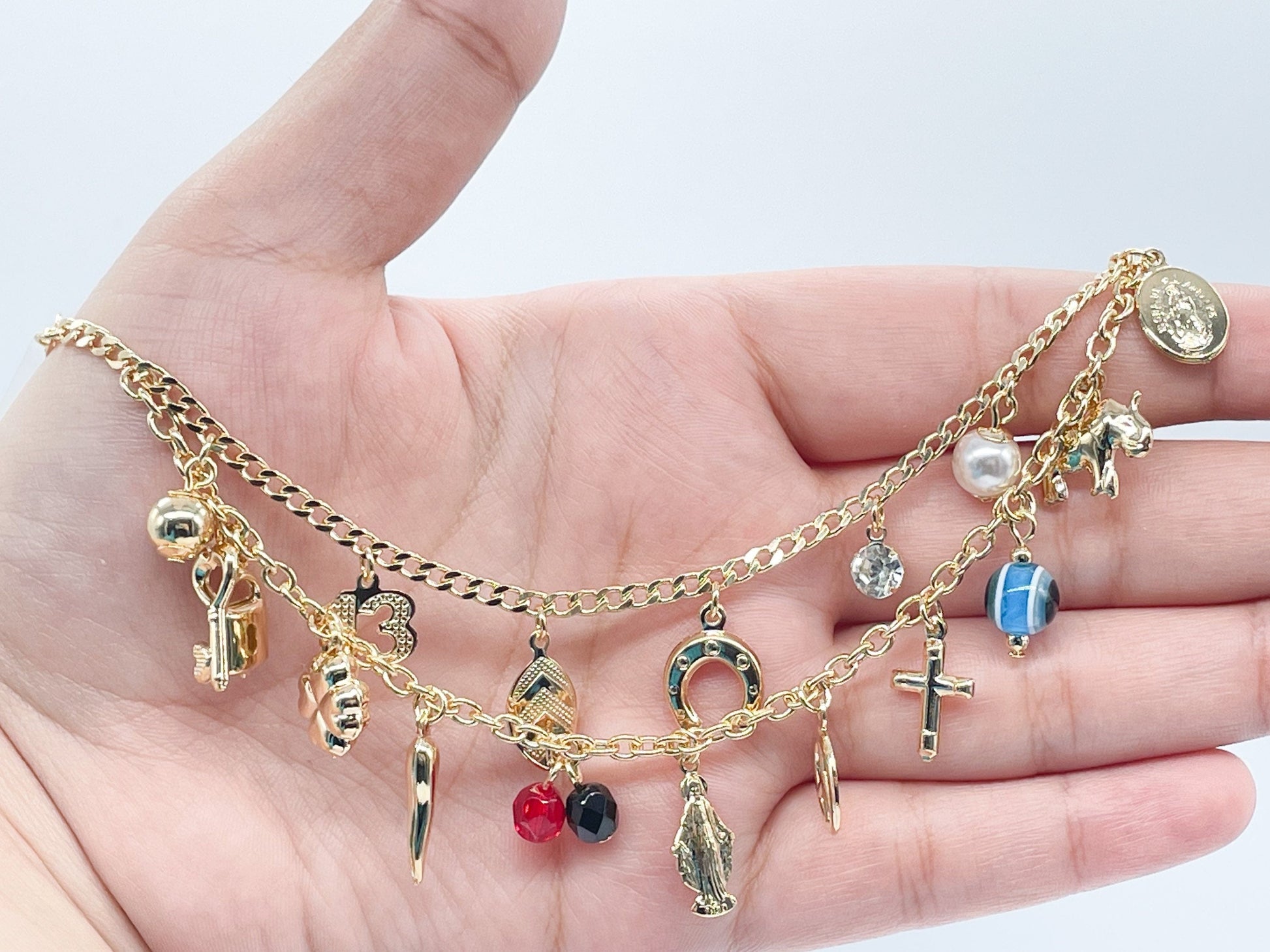 18k Gold Filled Luck Charms Bracelet Protection, Good Luck, Money Prosperity Featuring Evil Eyes, "Figa", Clover, Crystals, Guadalupe
