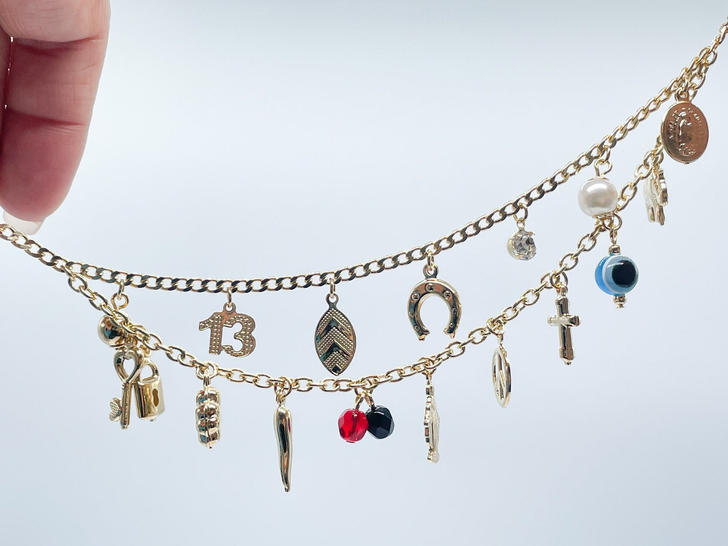 18k Gold Filled Luck Charms Bracelet Protection, Good Luck, Money Prosperity Featuring Evil Eyes, "Figa", Clover, Crystals, Guadalupe