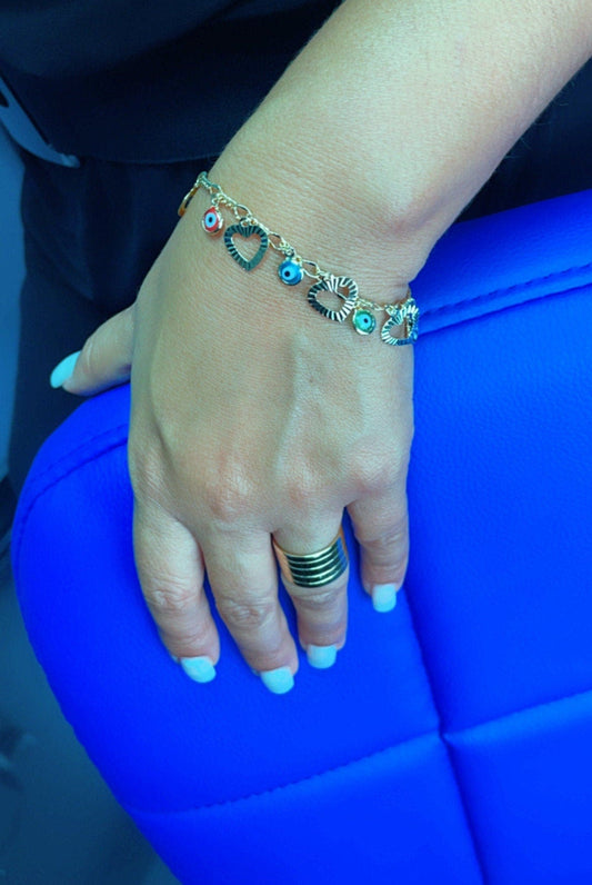 18k Gold Filled Charm Bracelet Featuring Seven Hearts and Seven Colorful Evil Eyes