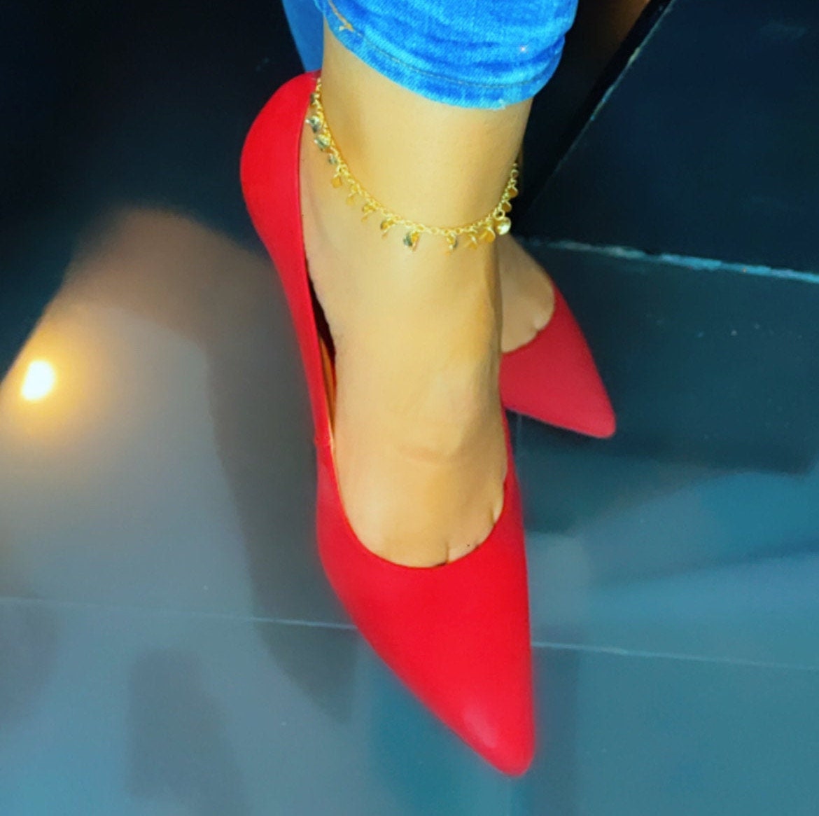 A Very "Summerish" 18k Gold Filled Potato Chip Like Charm Anklet Concave Shape