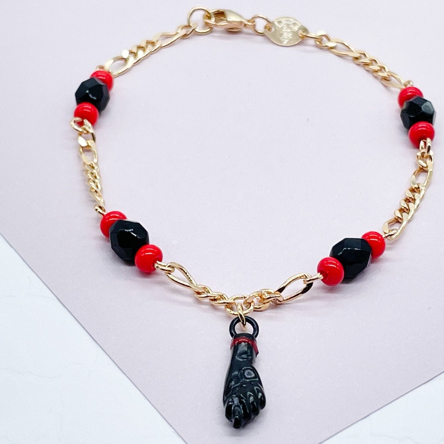 18k Gold Filled Figa Hand Bracelet: Black Azabache Stone, Figaro Chain