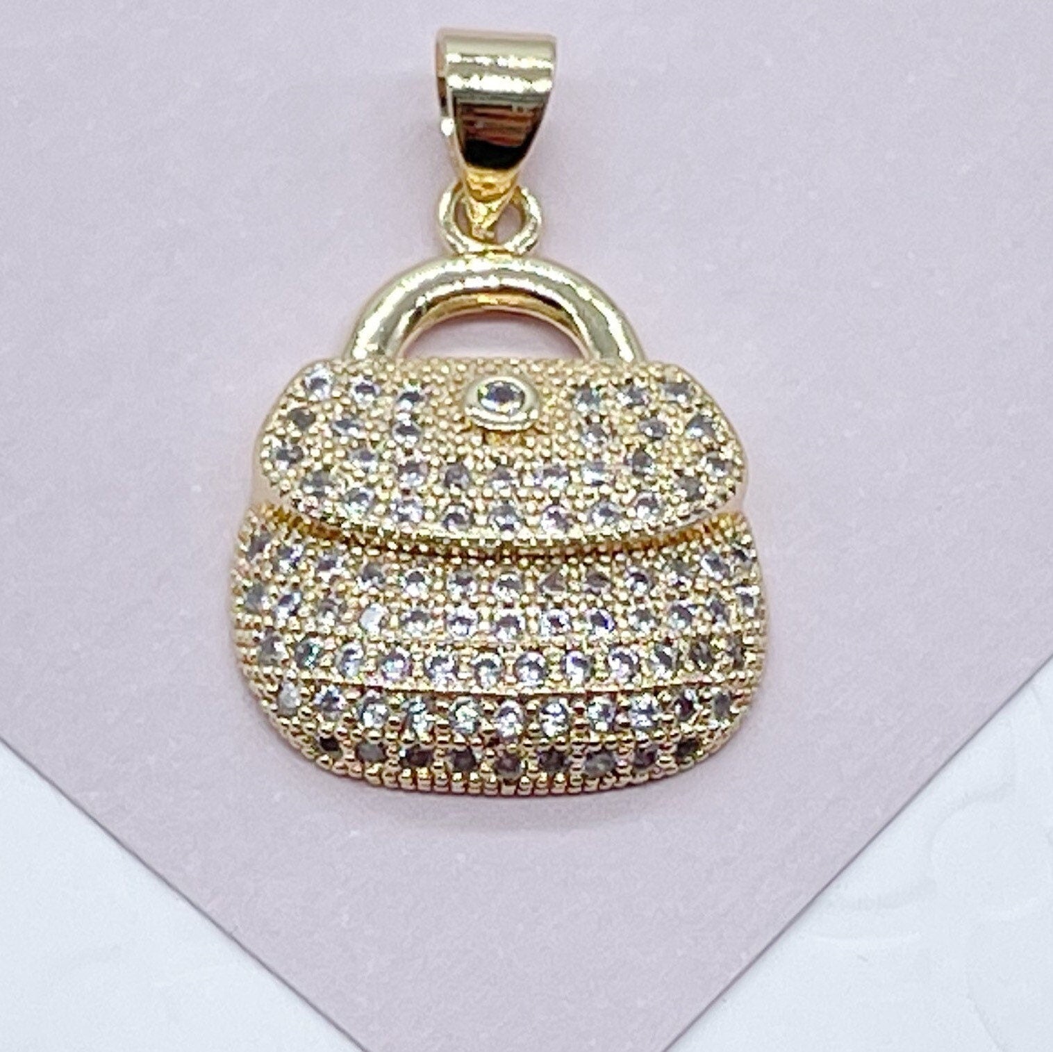 18k Gold Filled Purse Charm with Micro Pave Cubic Zirconia Gold CZ Bag Pendant