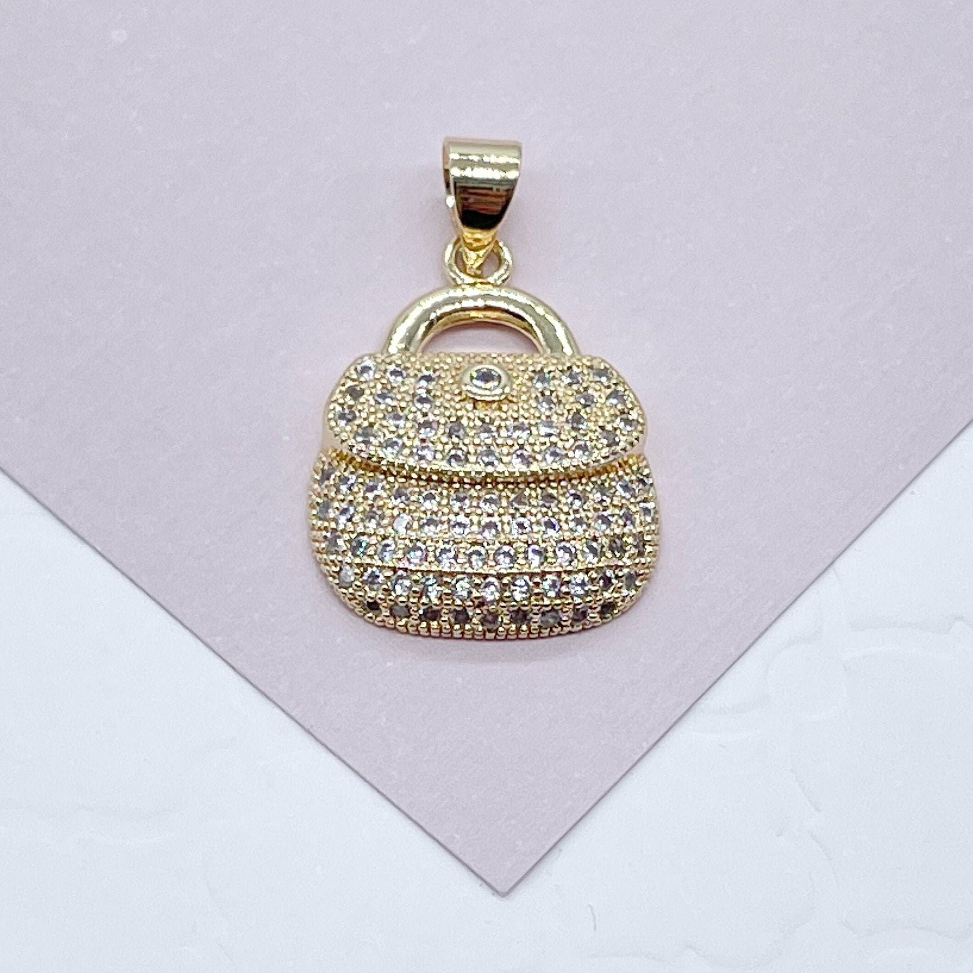 18k Gold Filled Purse Charm with Micro Pave Cubic Zirconia Gold CZ Bag Pendant