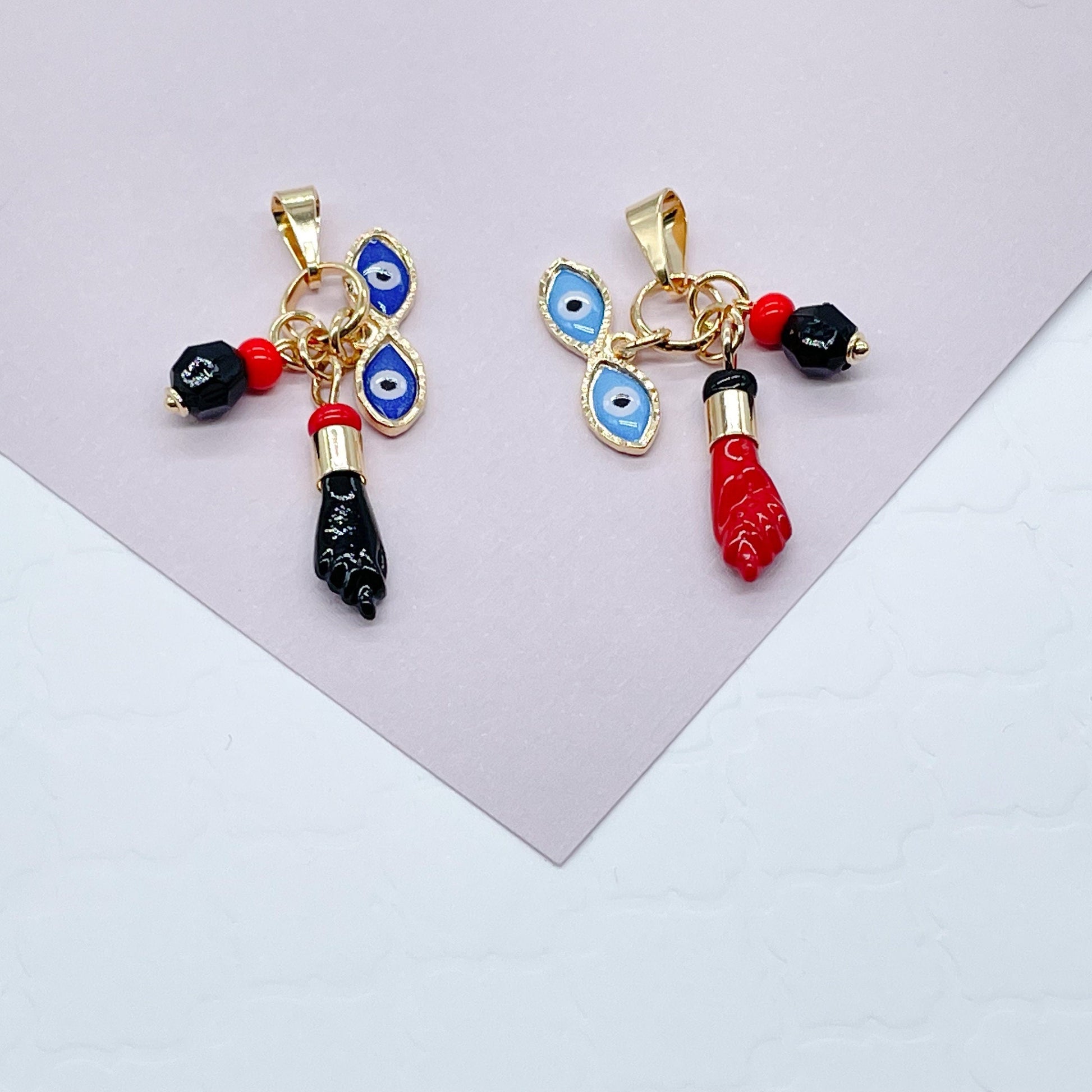 18k Gold Filled Ojo de Santa Lucia, Azabache & "Figa" Charms Wholesale Pendant