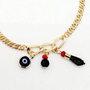 18k Gold Filled Cuban Link Anklet: Evil Eye & Figa Charms