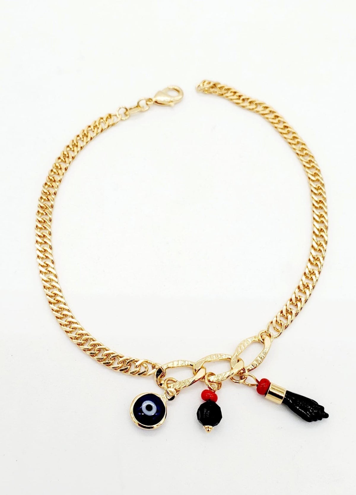 18k Gold Filled Cuban Link Anklet: Evil Eye & Figa Charms