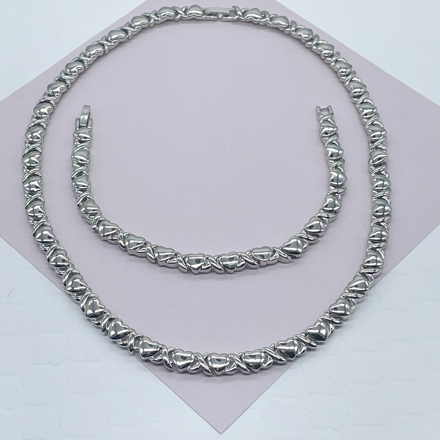 18k Gold Filled Heart Shape XOXO Set of Bracelet and Necklace Available in Gold, Silver or Tricolor - Gold, Rose Gold and Silver