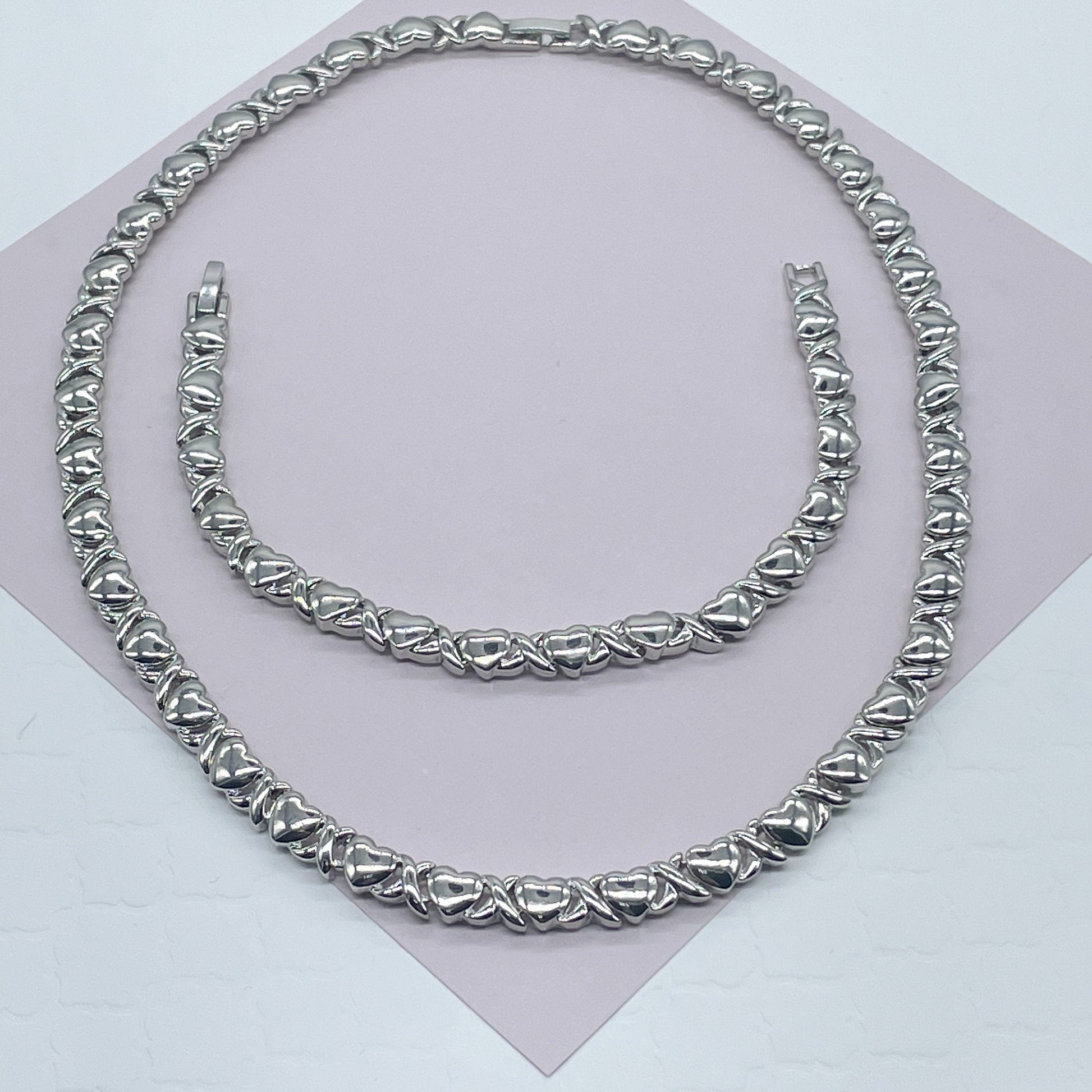 18k Gold Filled Heart Shape XOXO Set of Bracelet and Necklace Available in Gold, Silver or Tricolor - Gold, Rose Gold and Silver