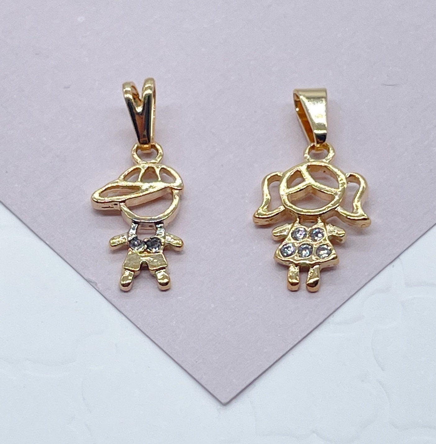 18k Gold Filled Kids Charms Boy in a Hat or Girl Featuring Cubic Zirconia and Jewelry Supplies Family Jewelry Mother