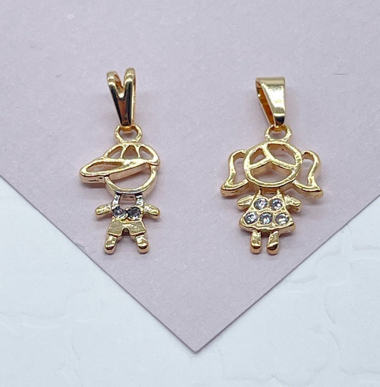 18k Gold Filled Kids Charms Boy in a Hat or Girl Featuring Cubic Zirconia and Jewelry Supplies Family Jewelry Mother