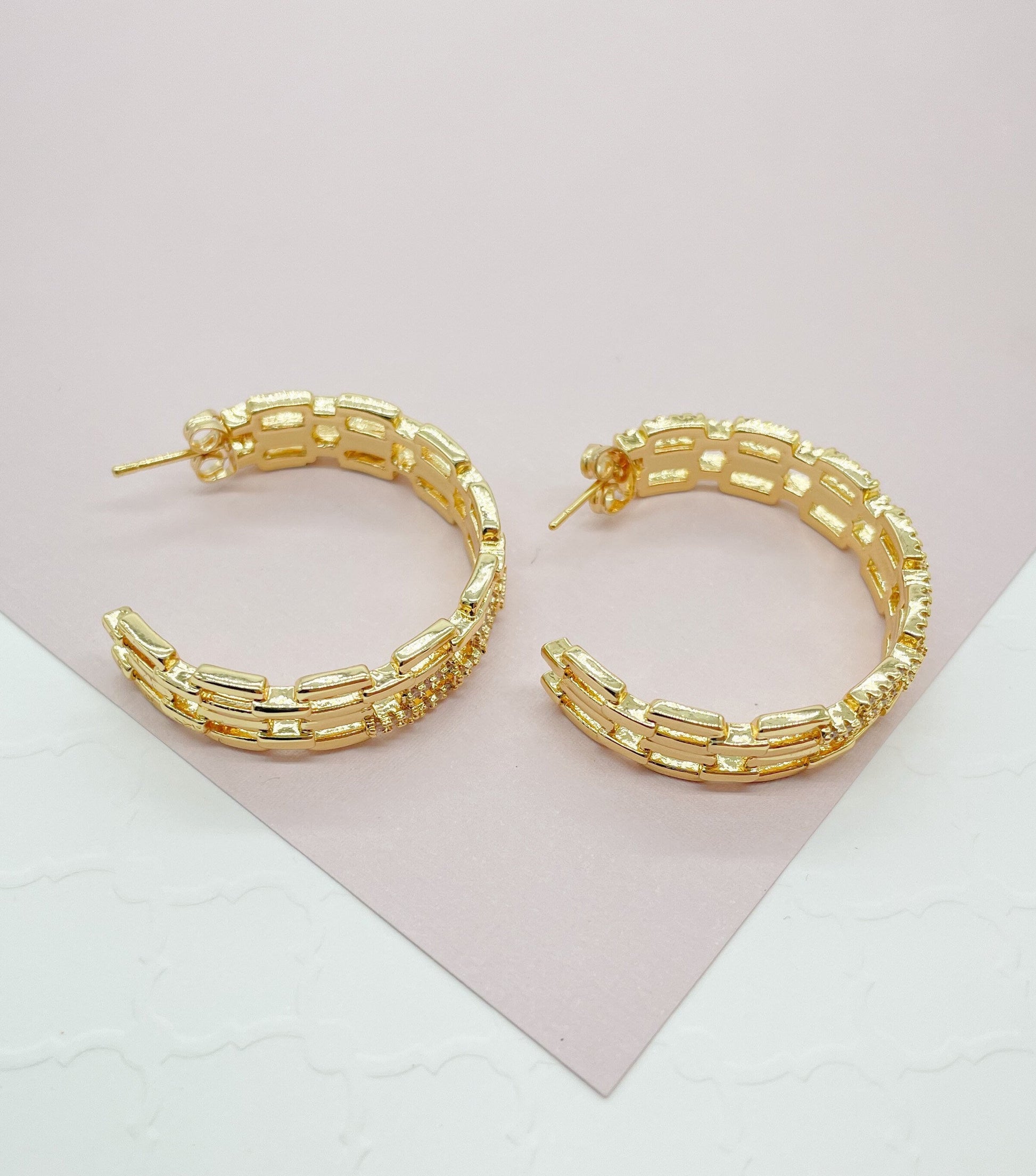18k Gold Filled Chain Link Hoop Earrings Featuring Cubic Zirconia, Dainty Curb