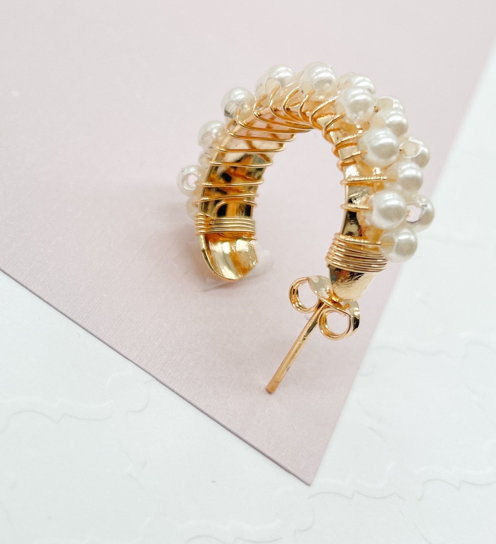 18k Gold filled Hoop Earrings Featuring A Wire Wrap of Pearls Around The Hoop