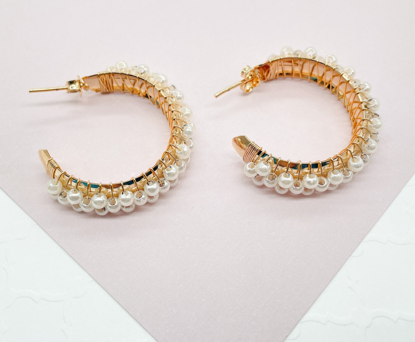 18k Gold filled Hoop Earrings Featuring A Wire Wrap of Pearls Around The Hoop