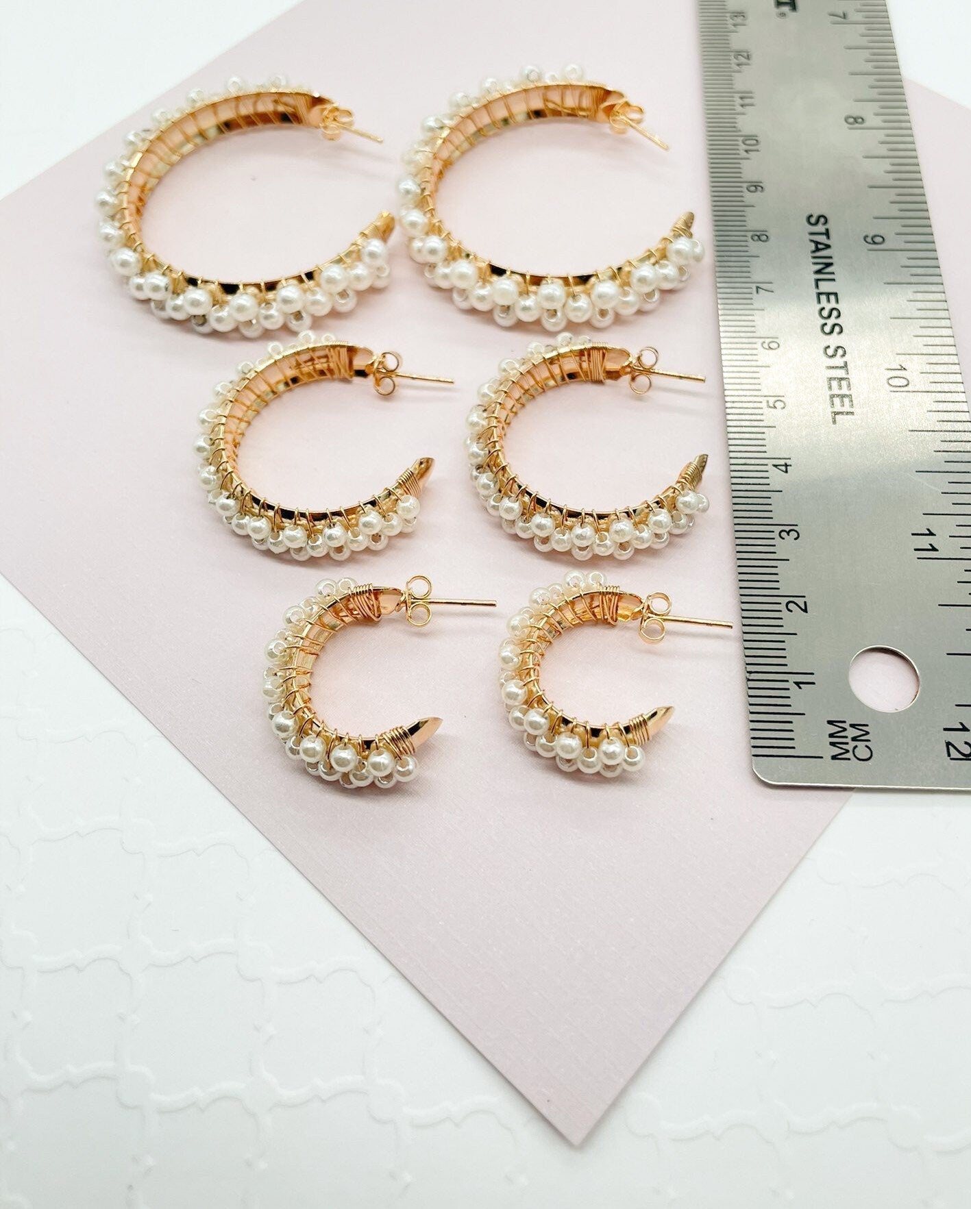 18k Gold filled Hoop Earrings Featuring A Wire Wrap of Pearls Around The Hoop