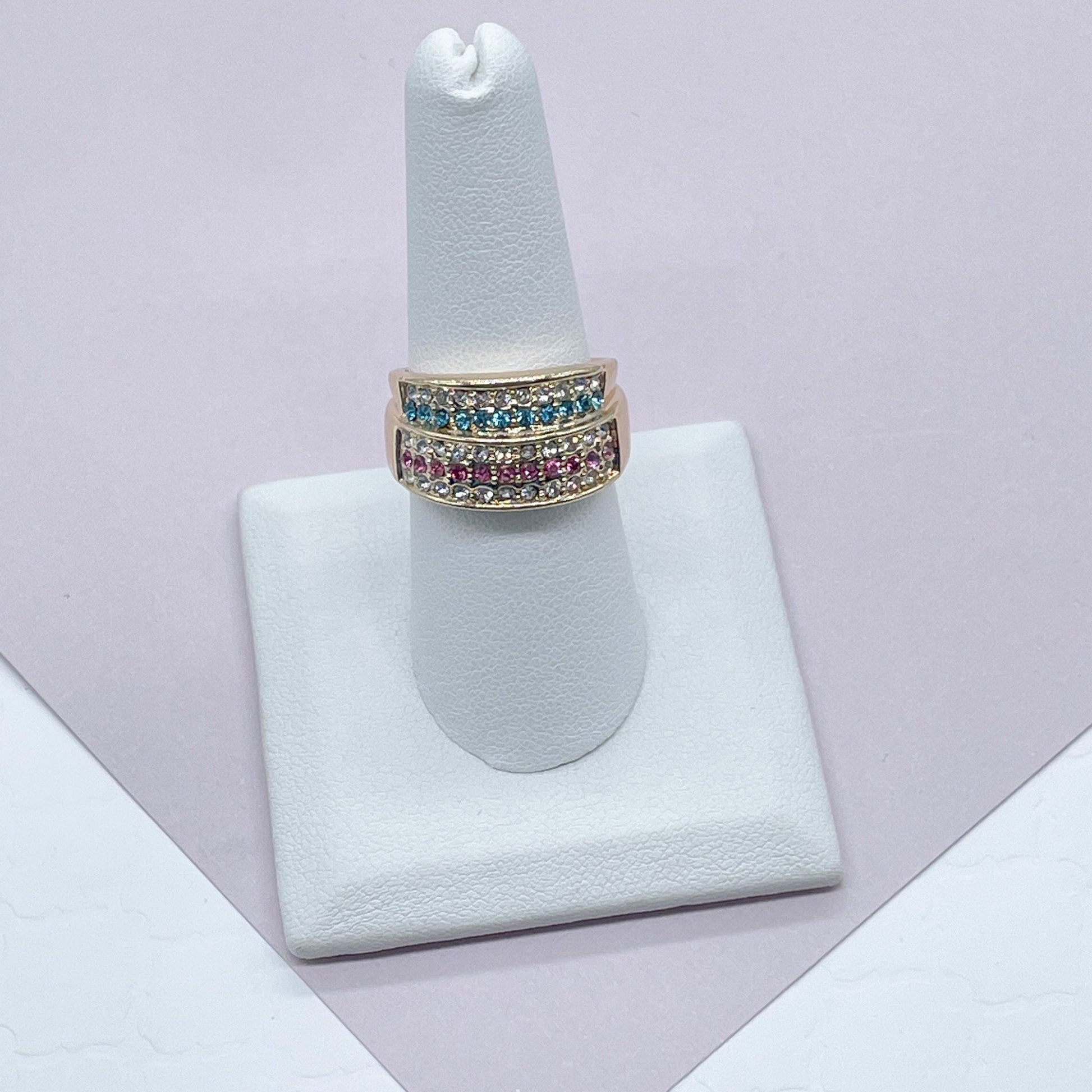 18k Gold Filled Colorful Patterned Ring Featuring Light Blue, Magenta And Clear Cubic Zirconia