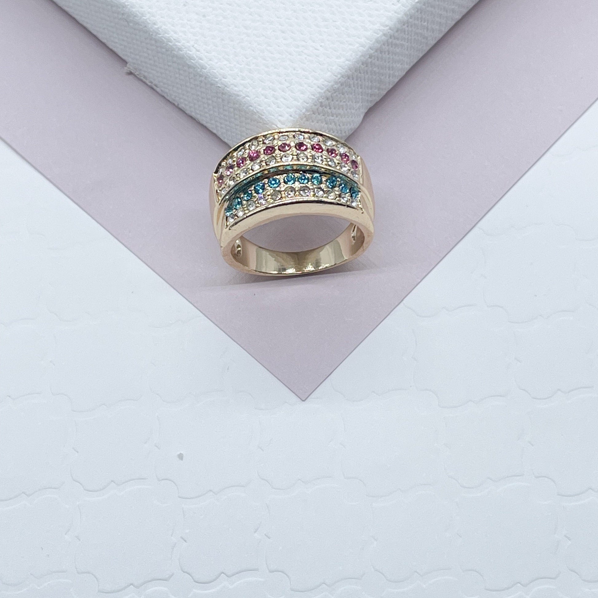 18k Gold Filled Colorful Patterned Ring Featuring Light Blue, Magenta And Clear Cubic Zirconia