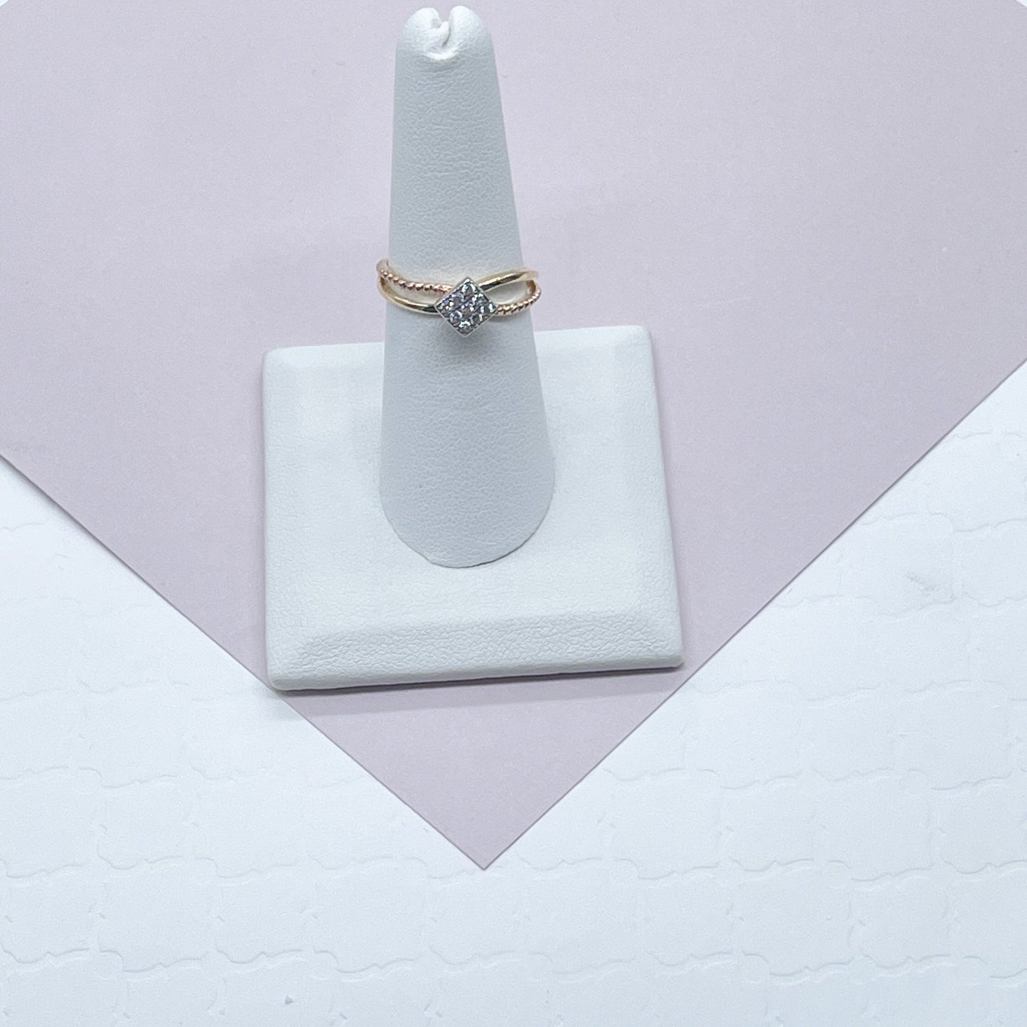 18k Gold Filled Ring Featuring Square Shape With Nine Cubic Zirconia on Top