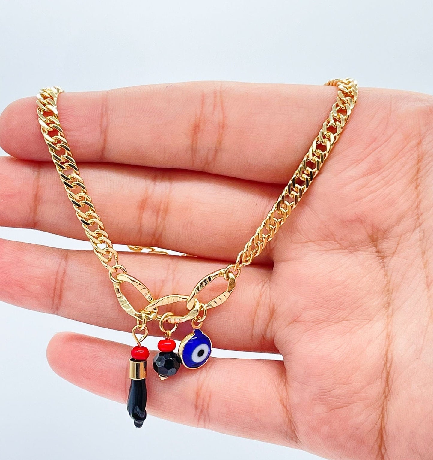 18k Gold Filled Cuban Link Anklet: Evil Eye & Figa Charms