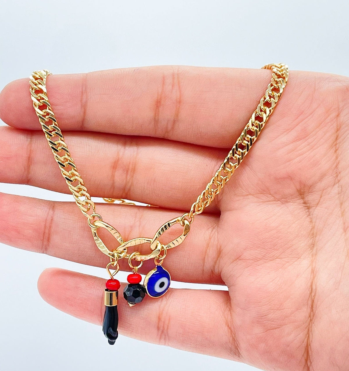 18k Gold Filled Cuban Link Anklet: Evil Eye & Figa Charms