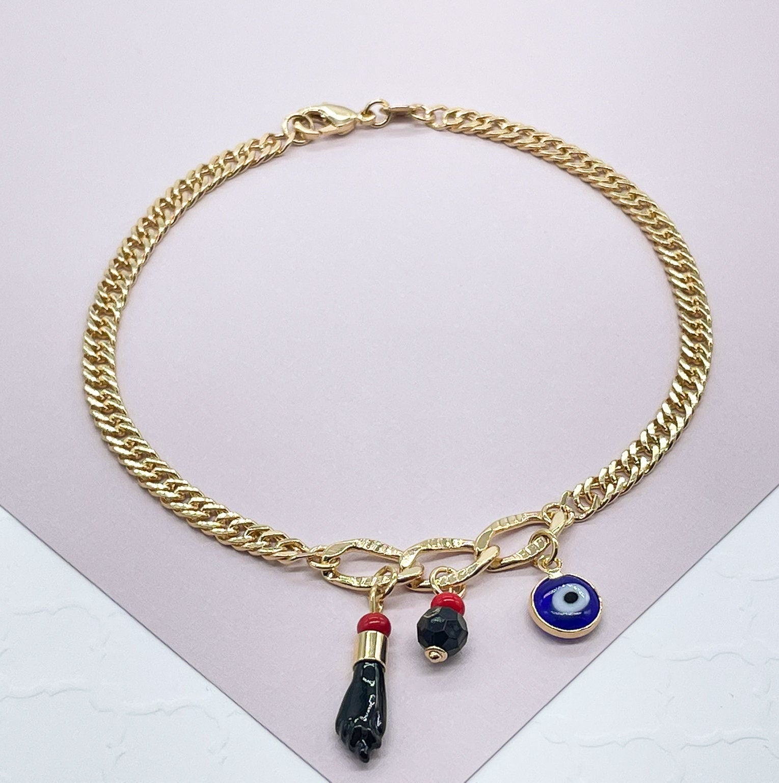 18k Gold Filled Cuban Link Anklet: Evil Eye & Figa Charms