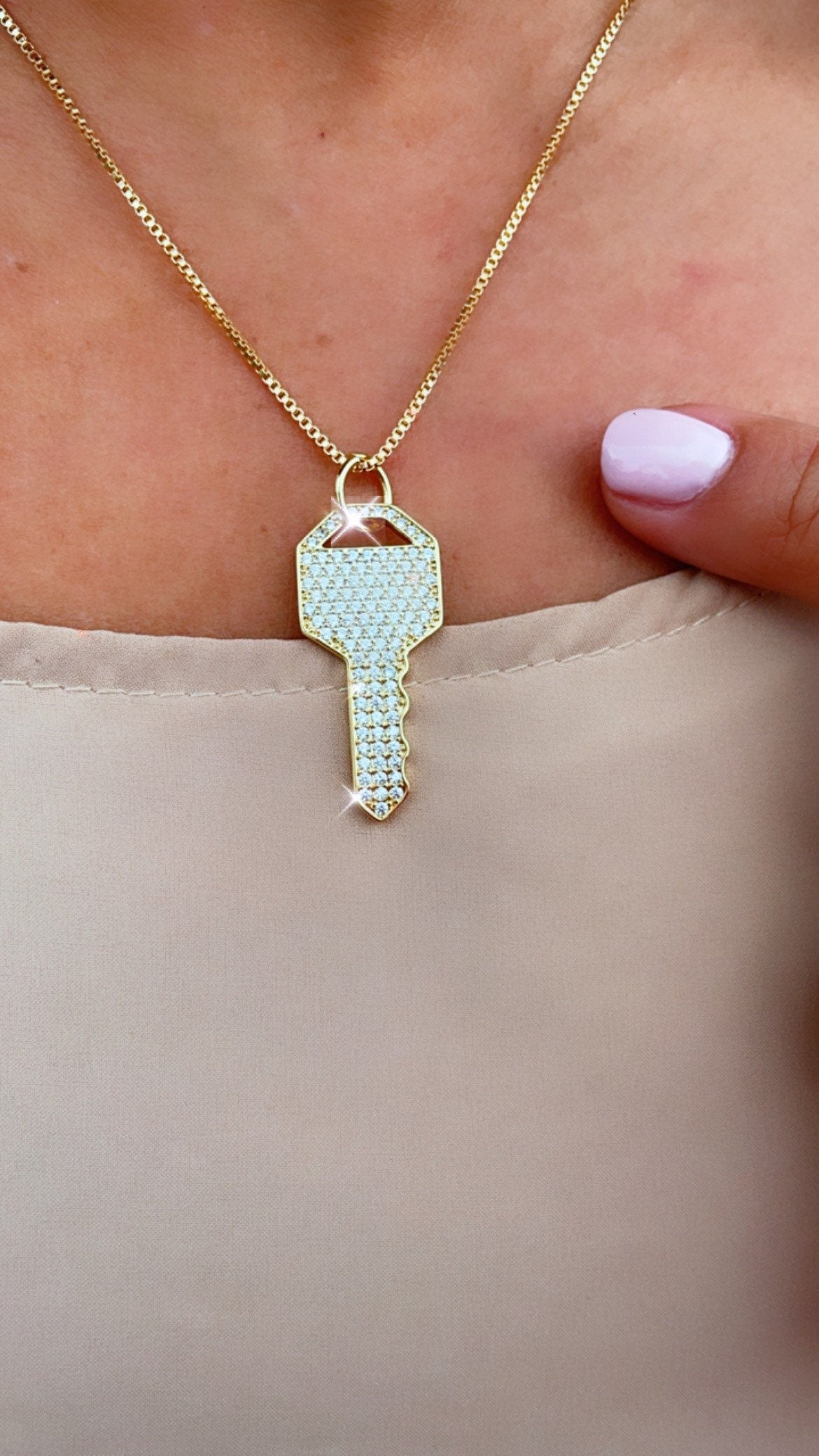 18k Gold Filled Key Charm with Micro Pave Cubic Zirconia Zirconia Key Pendant