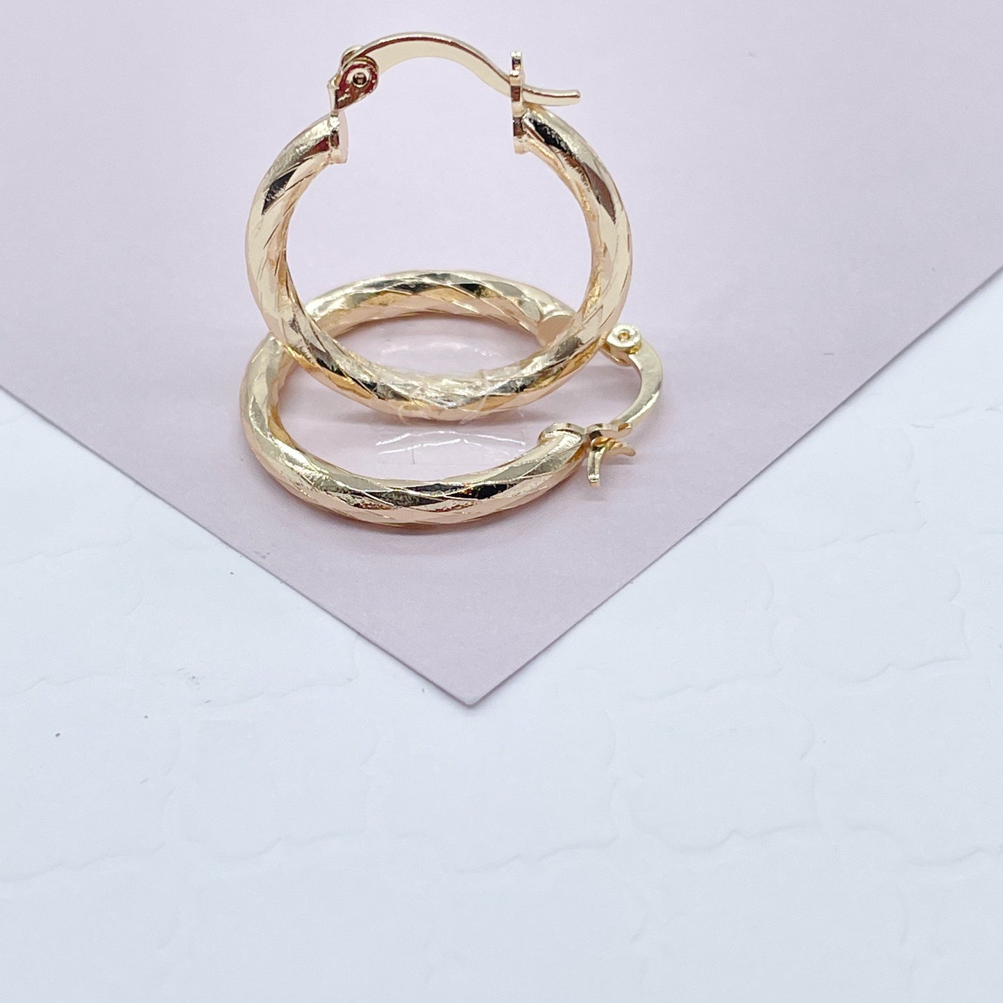 18k Gold Filled Small Diamond Textured Hoops Earrings Available in 25mm For