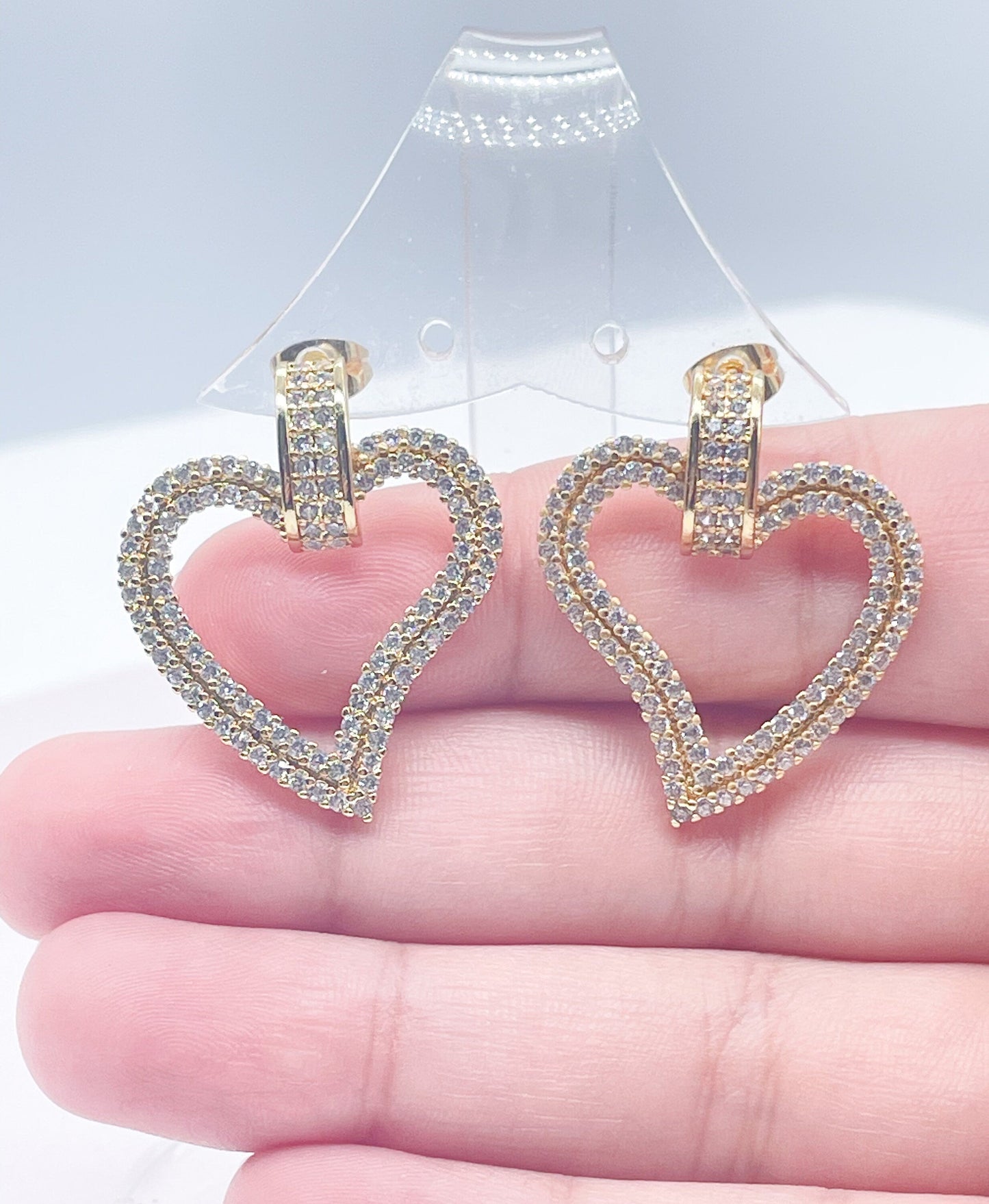 18k Gold Filled Micro Pave Cubic Zirconia Open Heart Earrings, Party Fancy Earrings Her, See Through Heart Earrings
