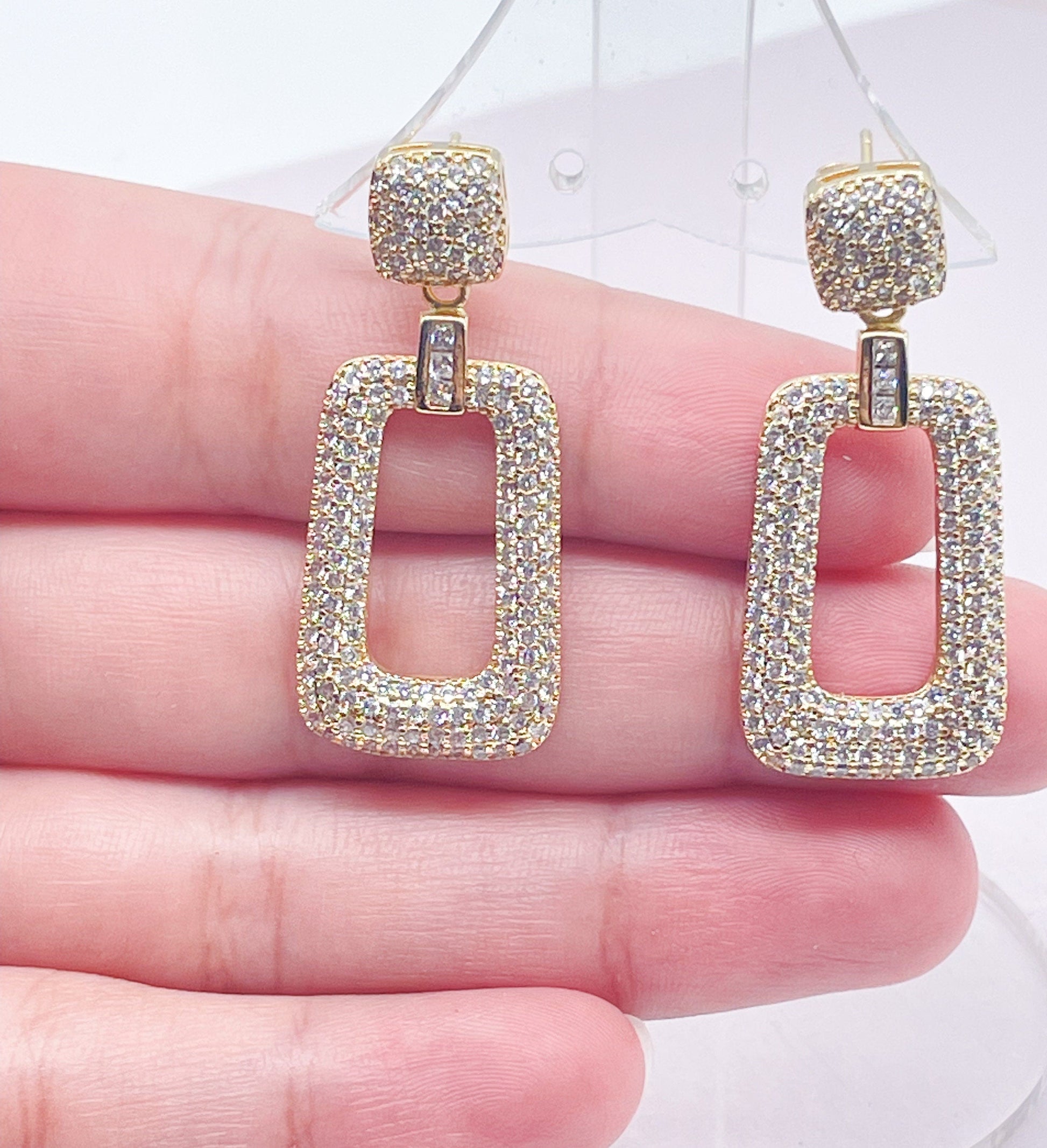 18K Gold Filled Square Micro Pave Cubic Zicornia Dangling Party Earrings