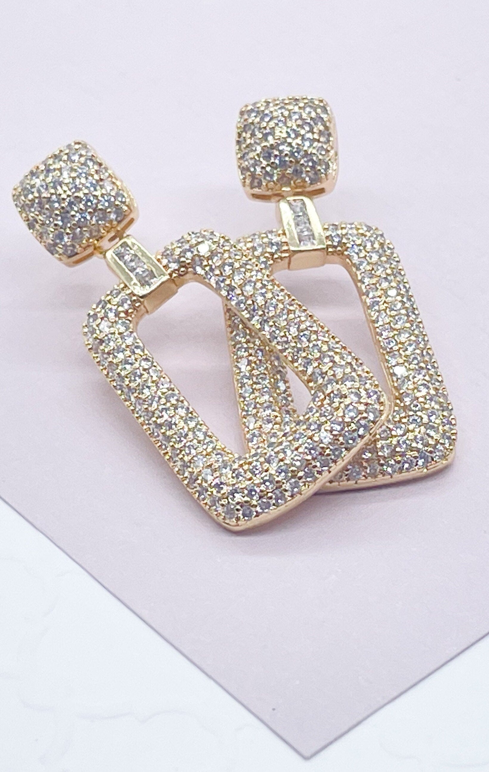 18K Gold Filled Square Micro Pave Cubic Zicornia Dangling Party Earrings