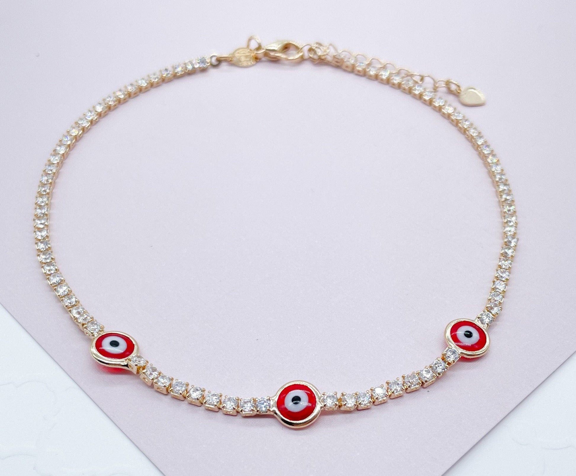 18k Gold Filled Evil Eye Anklet Featuring Cubic Zirconia Chain