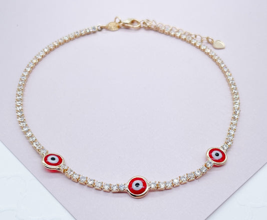 18k Gold Filled Evil Eye Anklet Featuring Cubic Zirconia Chain