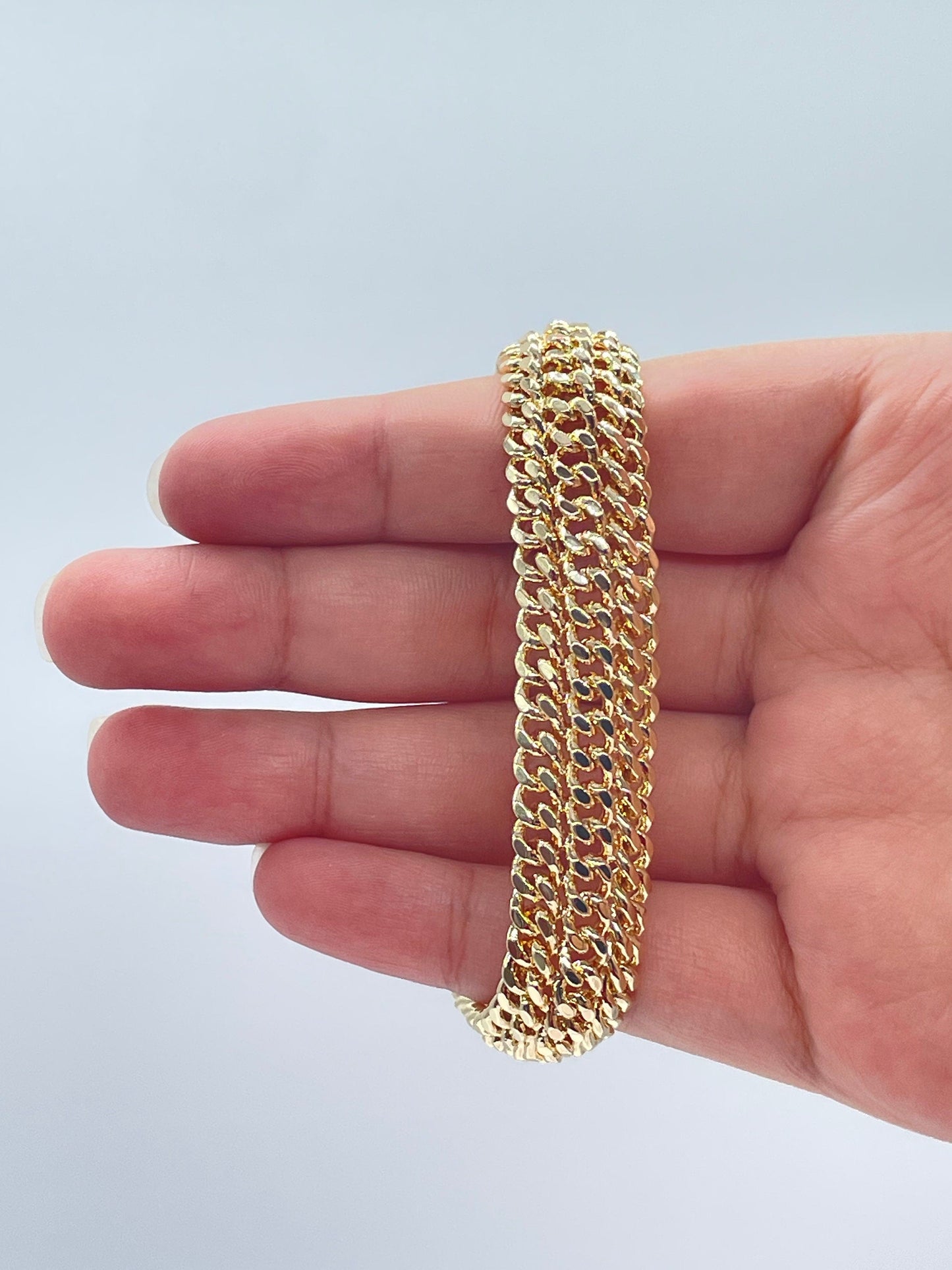 18K Gold Filled Thick Bracelet Feature Three Cuban Link Connected Side by Side